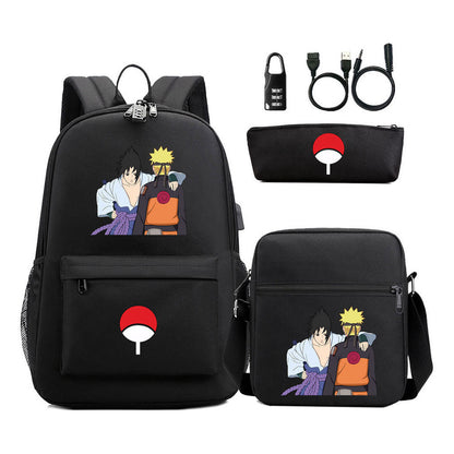 Naruto Usb Password Lock Youth Student Backpack Three Piece Set Backpack Set