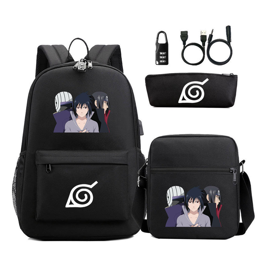 Naruto Usb Password Lock Backpack Three Piece Set For Men And Women Backpack Set