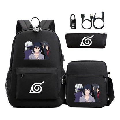 Naruto Usb Password Lock Backpack Three Piece Set For Men And Women Backpack Set
