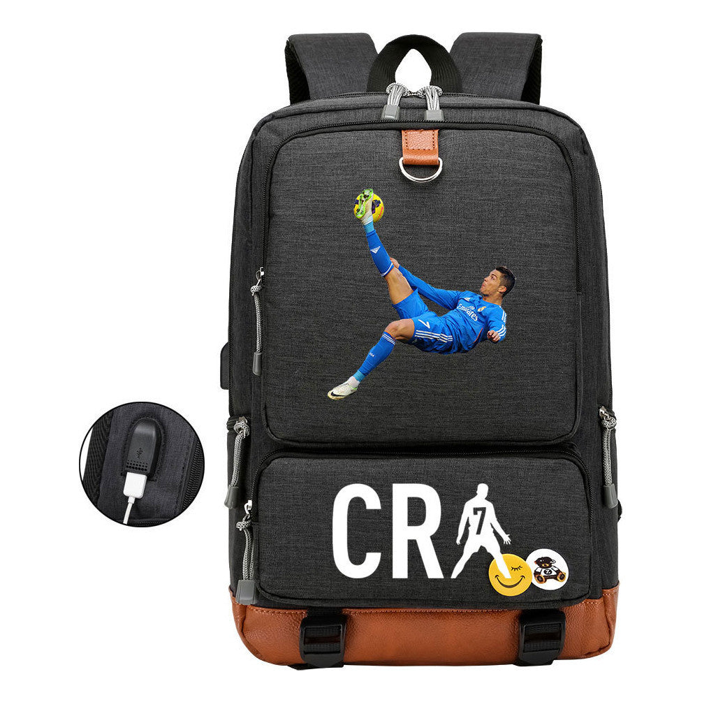 Football Star Cristiano Ronaldo Printed Usb Youth Primary And Secondary School Backpack For Boys And Girls Leisure Travel Backpack