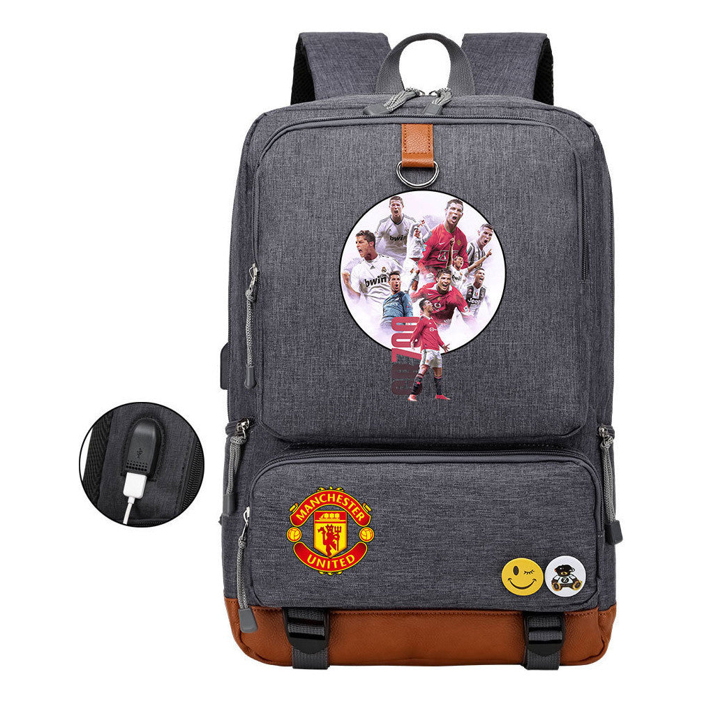 Football Star Cristiano Ronaldo Printed Usb Student Backpack For Leisure Travel Backpack