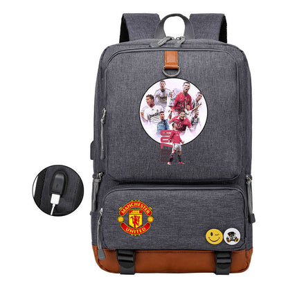 Football Star Cristiano Ronaldo Printed Usb Student Backpack For Leisure Travel Backpack