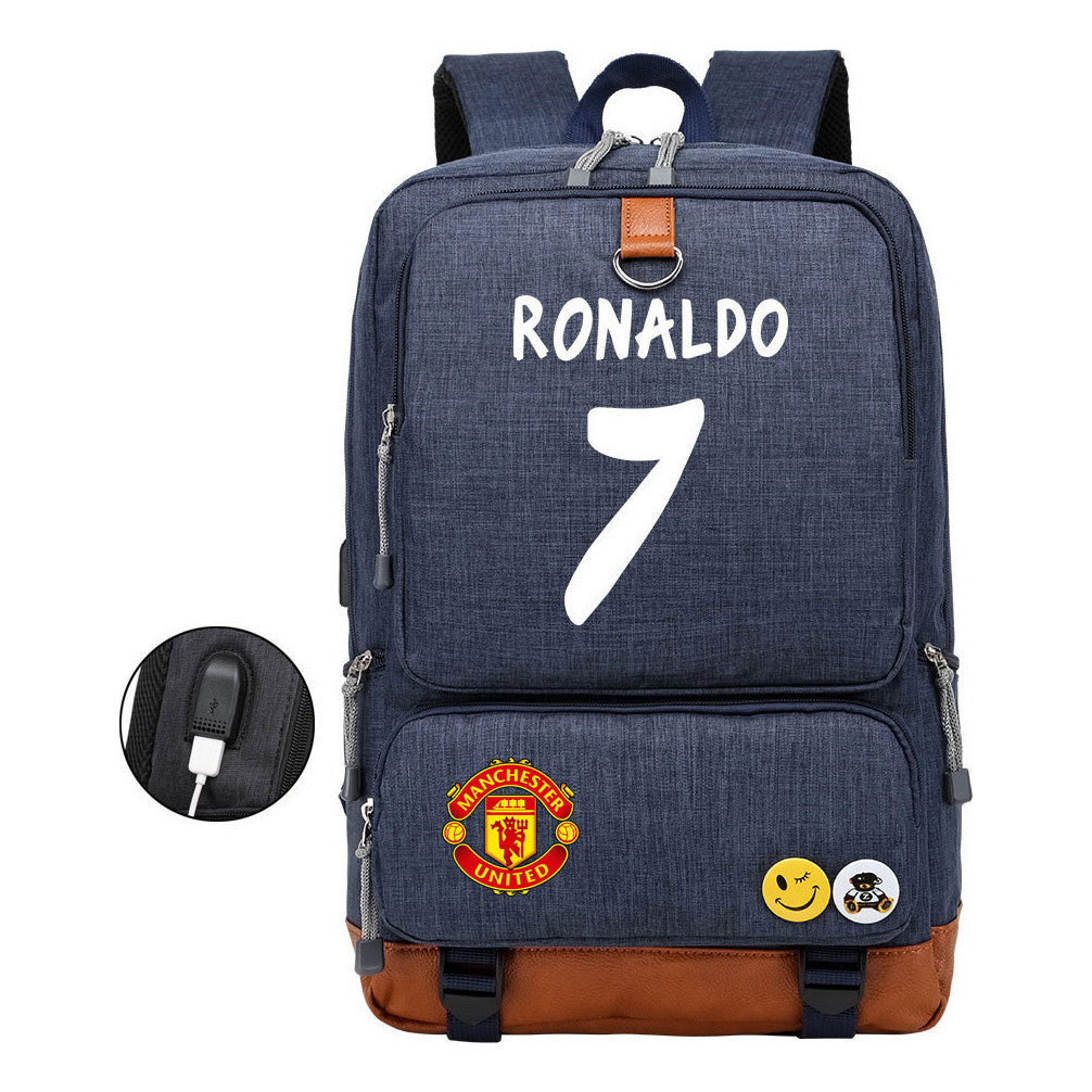 Football Star Cristiano Ronaldo Printed Usb Student Backpack For Leisure Travel Backpack