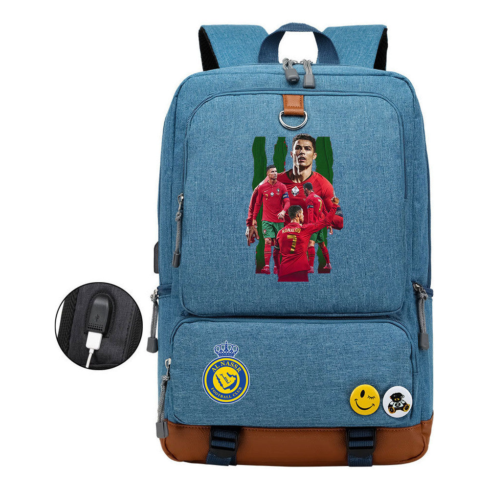 Football Star Cristiano Ronaldo Printed Usb Student Backpack Leisure Travel Backpack