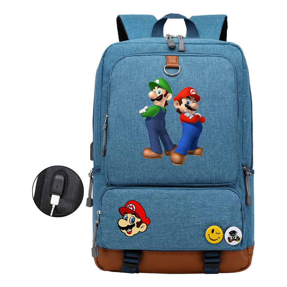 Super Mario Printed Usb Youth Student Backpack For Leisure Travel Backpack