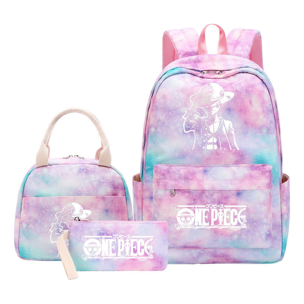 Cartoon Pirate King Youth Student Girls School Bag Lunch Bag Three Piece Set Backpack Set