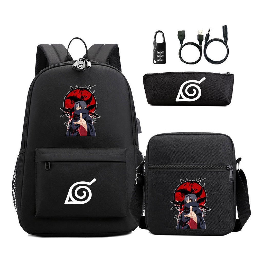 Naruto Usb Password Lock Youth Student Backpack Three Piece Set For Men And Women Backpack Set