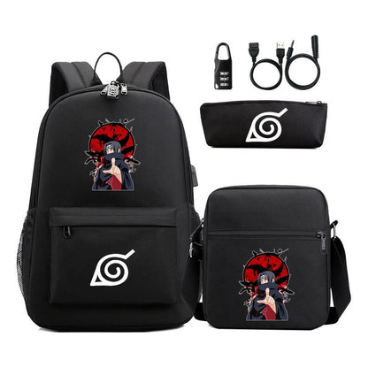 Naruto Usb Password Lock Youth Student Backpack Three Piece Set For Men And Women Backpack Set