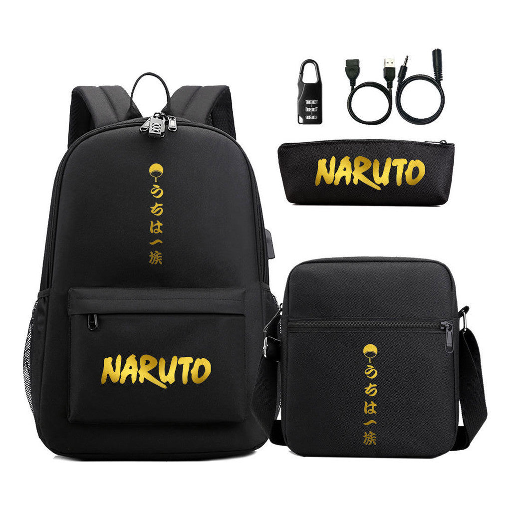 Golden Naruto Usb Password Lock Teenage Student School Bag Three Piece Backpack Set