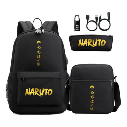 Golden Naruto Usb Password Lock Teenage Student School Bag Three Piece Backpack Set