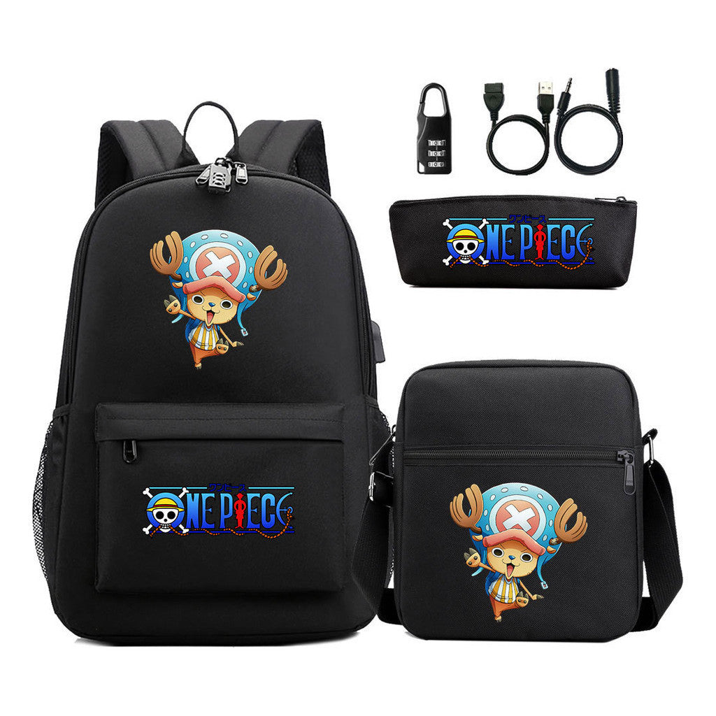 Cartoon Pirate King Usb Password Lock Youth Student Backpack Three Piece Set Backpack