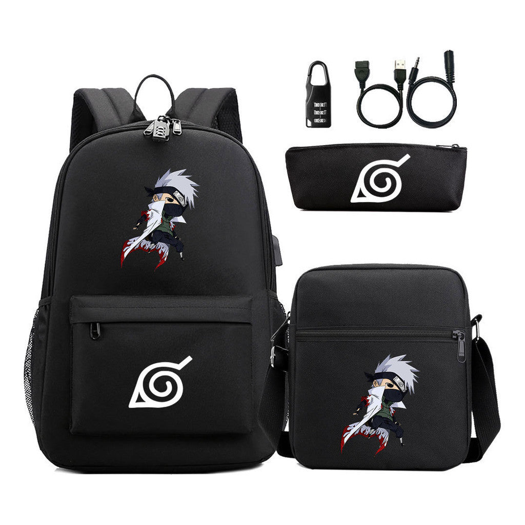 Fashionable Naruto Usb Password Lock Youth Student School Bag Three Piece Backpack Set
