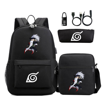 Fashionable Naruto Usb Password Lock Youth Student School Bag Three Piece Backpack Set