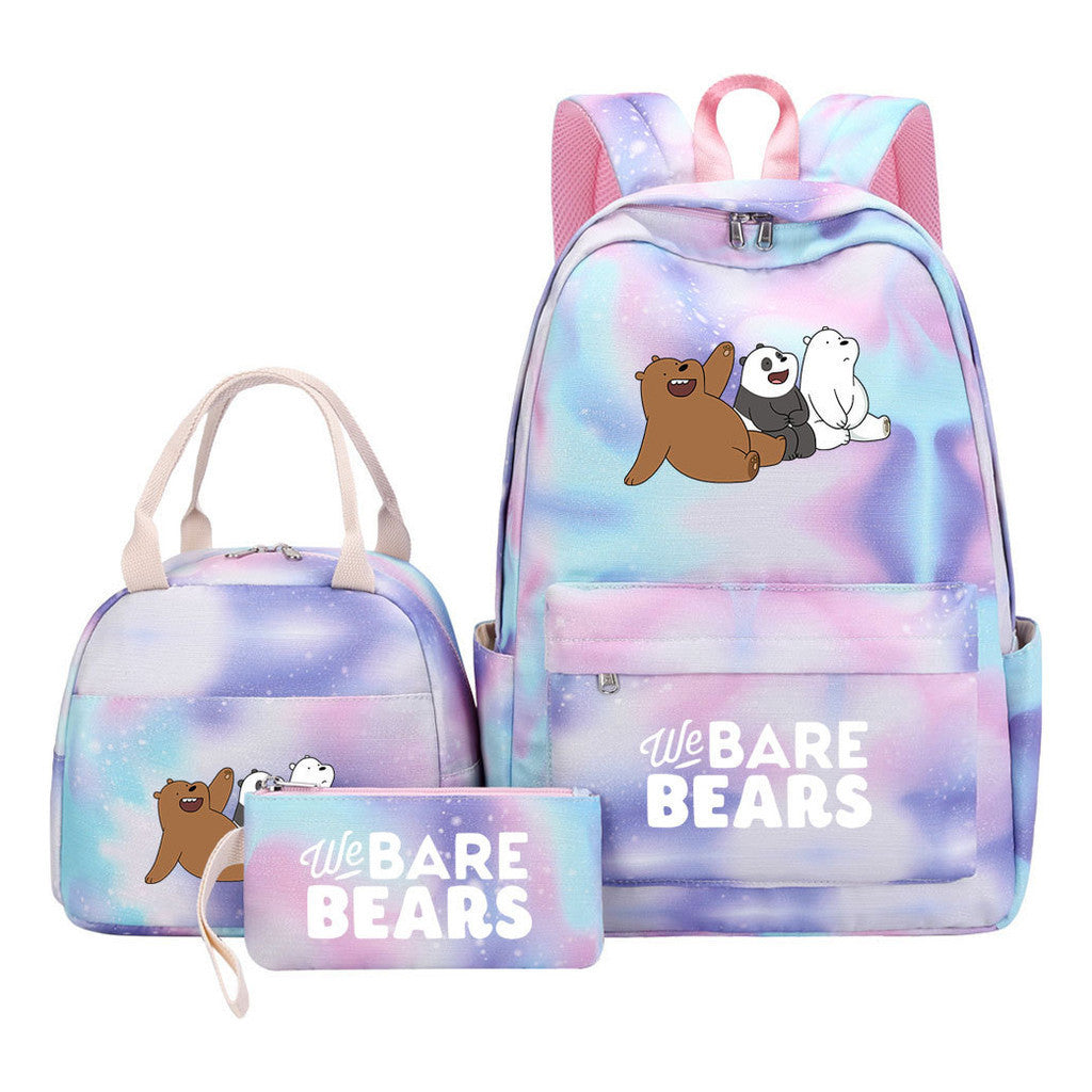 Cartoon Cute Three Bears Youth Student Girls School Bag Lunch Bag Three Piece Set Backpack Set