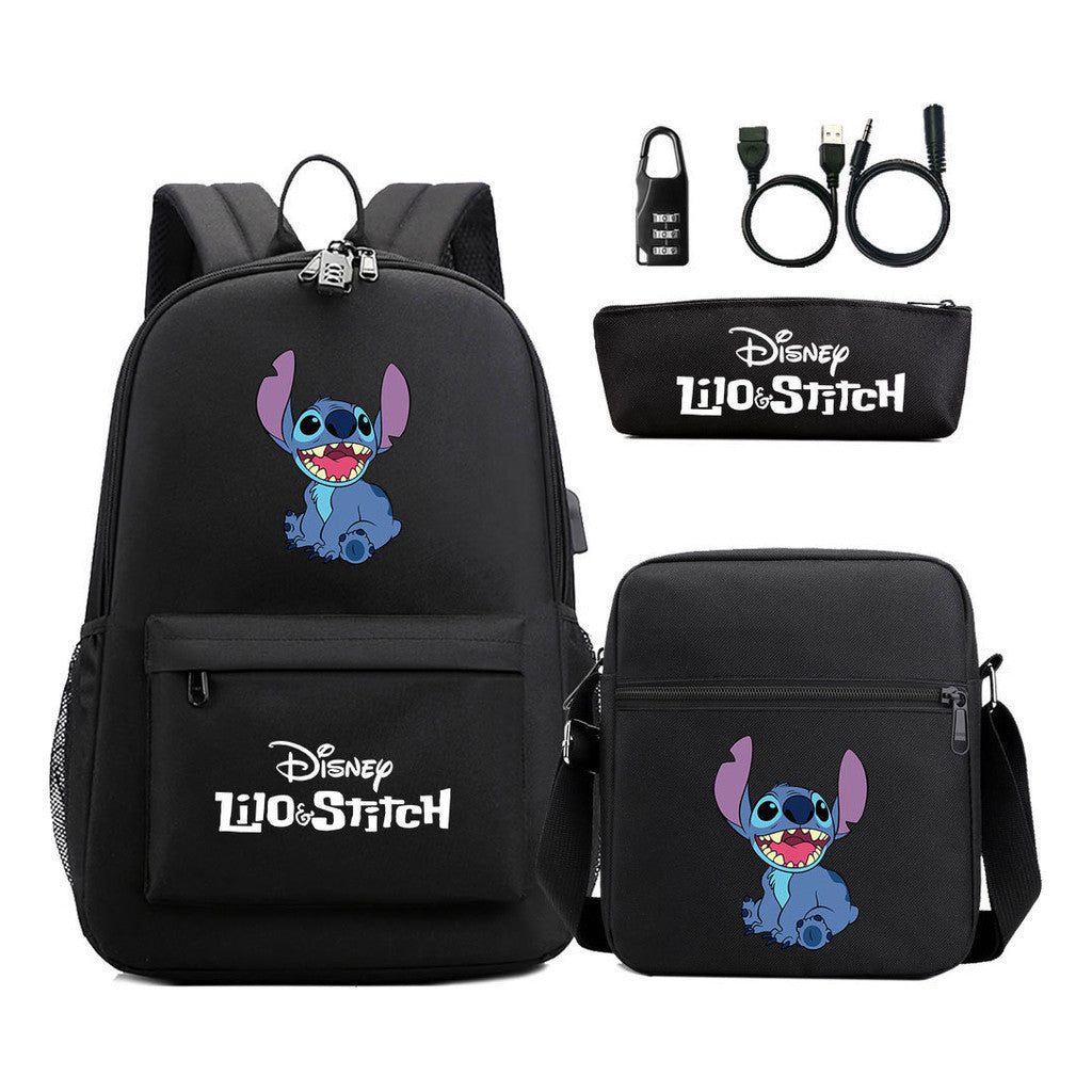 Interstellar Baby Stitch Usb Password Lock Youth Backpack 3-piece Set For Men And Women Backpacks