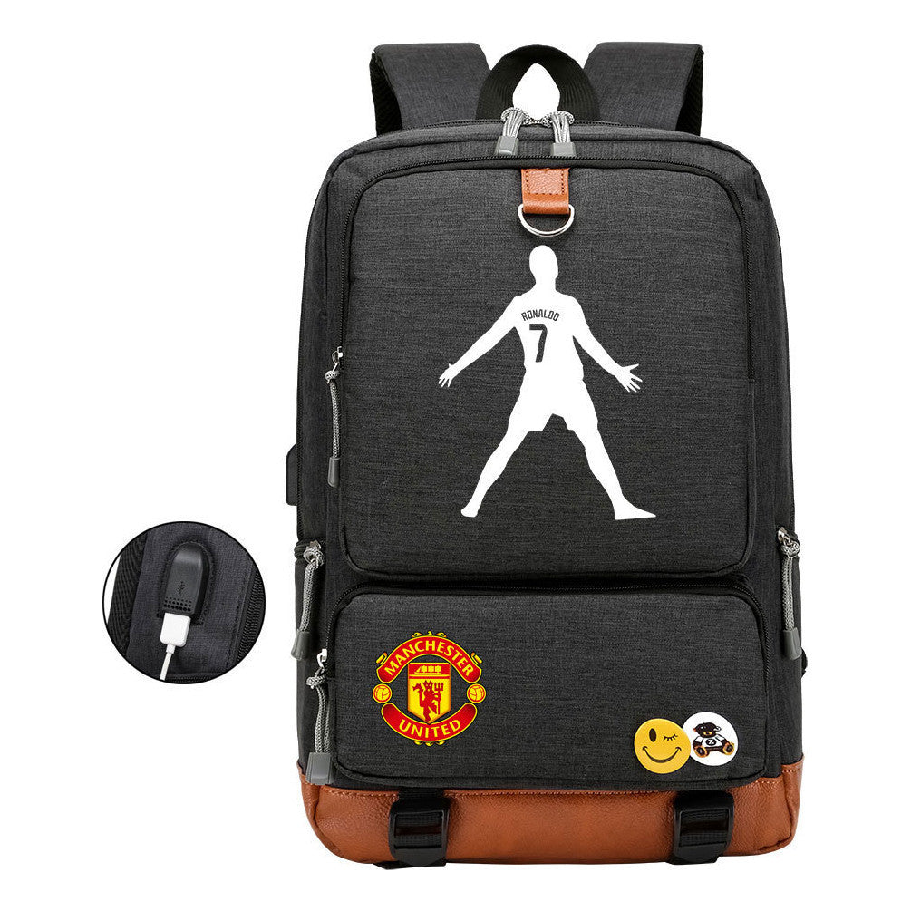 Football Star Cristiano Ronaldo Printed Usb Student Backpack For Leisure Travel Backpack