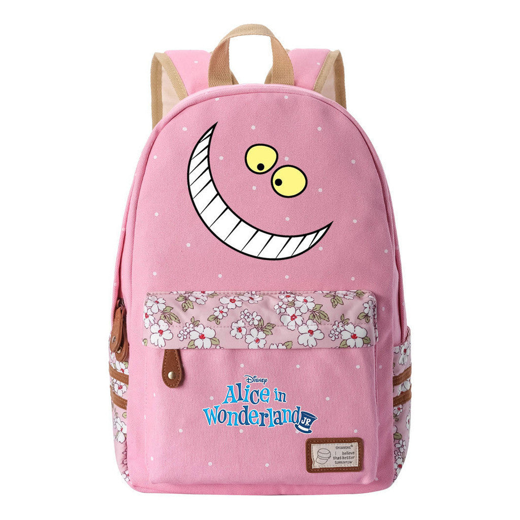 Anime Cartoon Cheshire Cat Print Youth Student Backpack With Floral Casual Backpack
