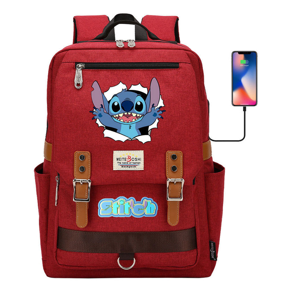 Anime Star Baby Stitch Printed Youth Student School Bag Casual Magnetic Buckle Backpack