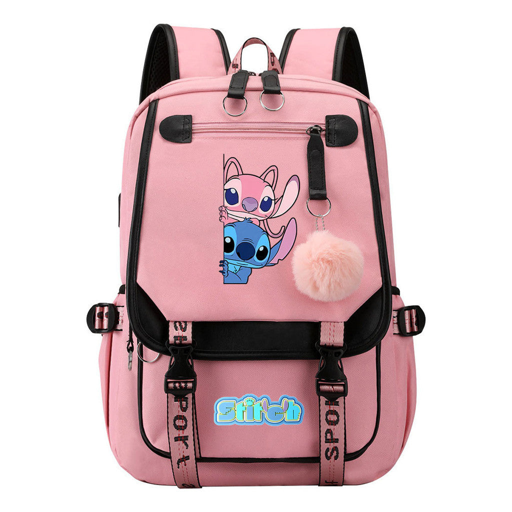 Interstellar Baby Stitch Usb Student Backpack With Casual Woven Strap Flap Backpack