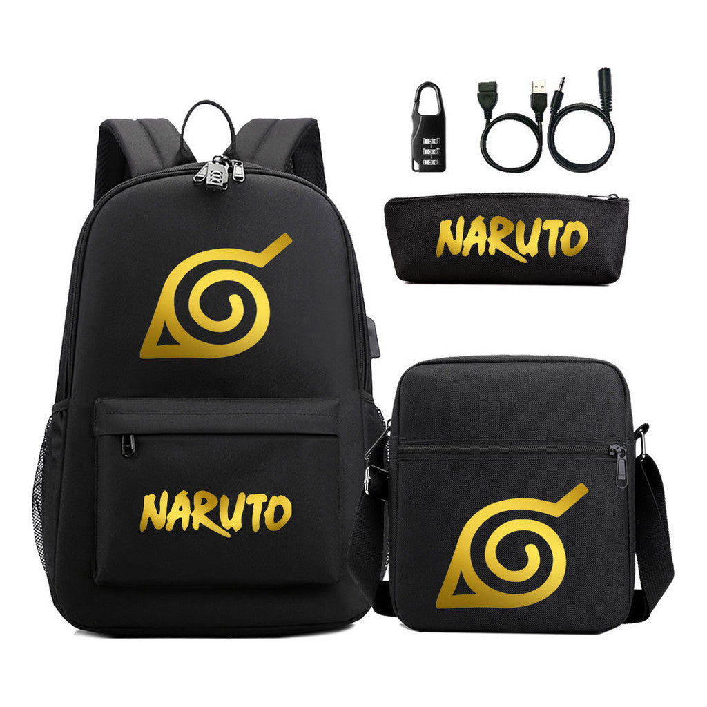 Golden Naruto Usb Password Lock Teenage Student School Bag Three Piece Backpack Set