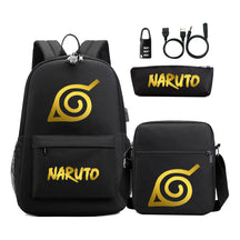 Golden Naruto Usb Password Lock Teenage Student School Bag Three Piece Backpack Set