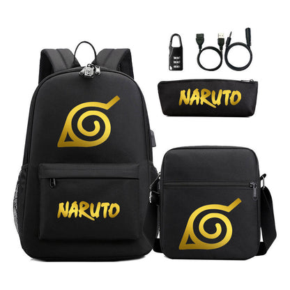 Golden Naruto Usb Password Lock Teenage Student School Bag Three Piece Backpack Set