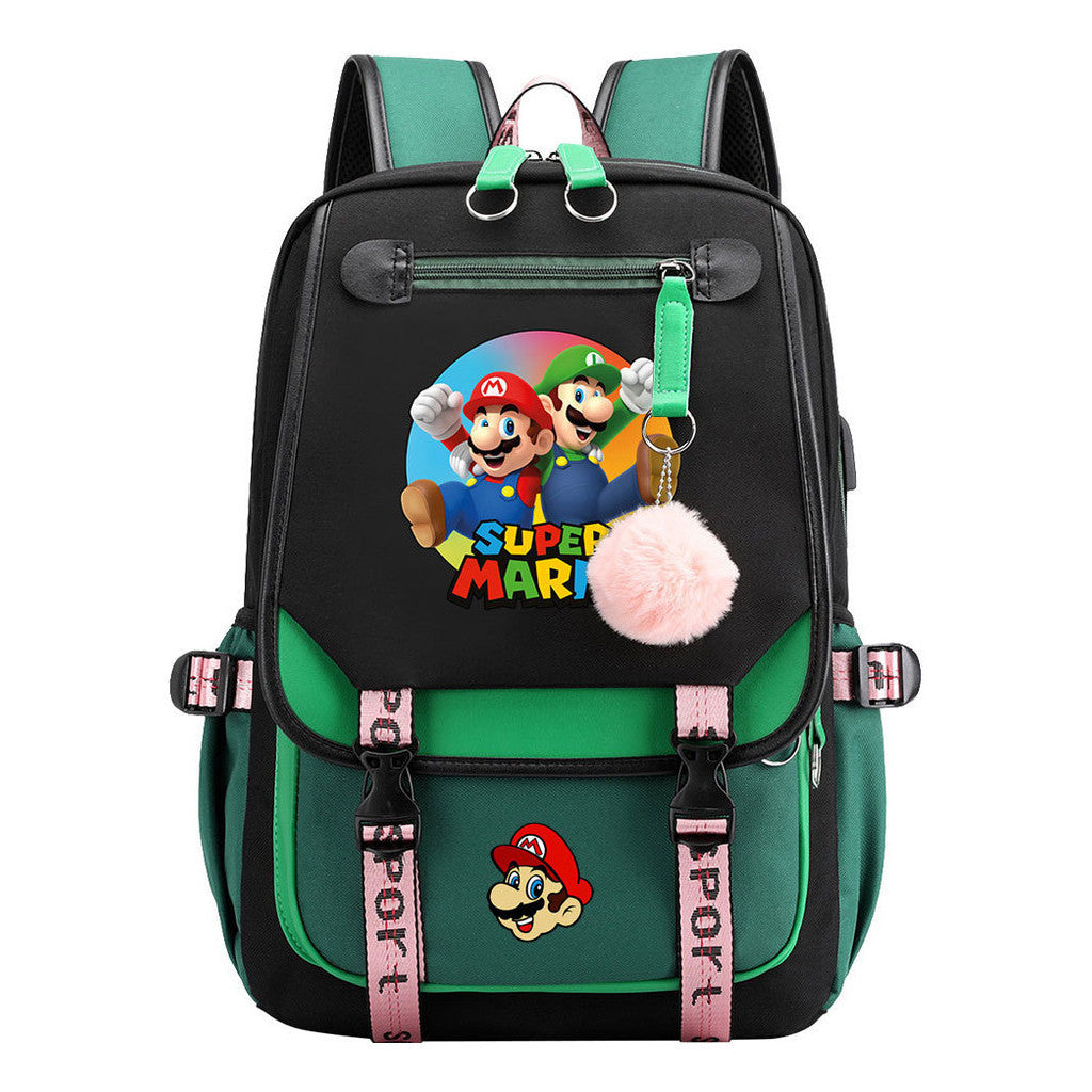 Super Mario Printed Usb Backpack Casual Woven Strap Flip Back Backpack