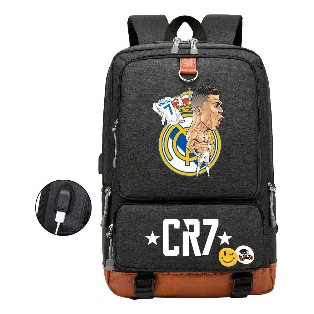 Football Star Cristiano Ronaldo Printed Usb Student Backpack For Leisure Travel Backpack