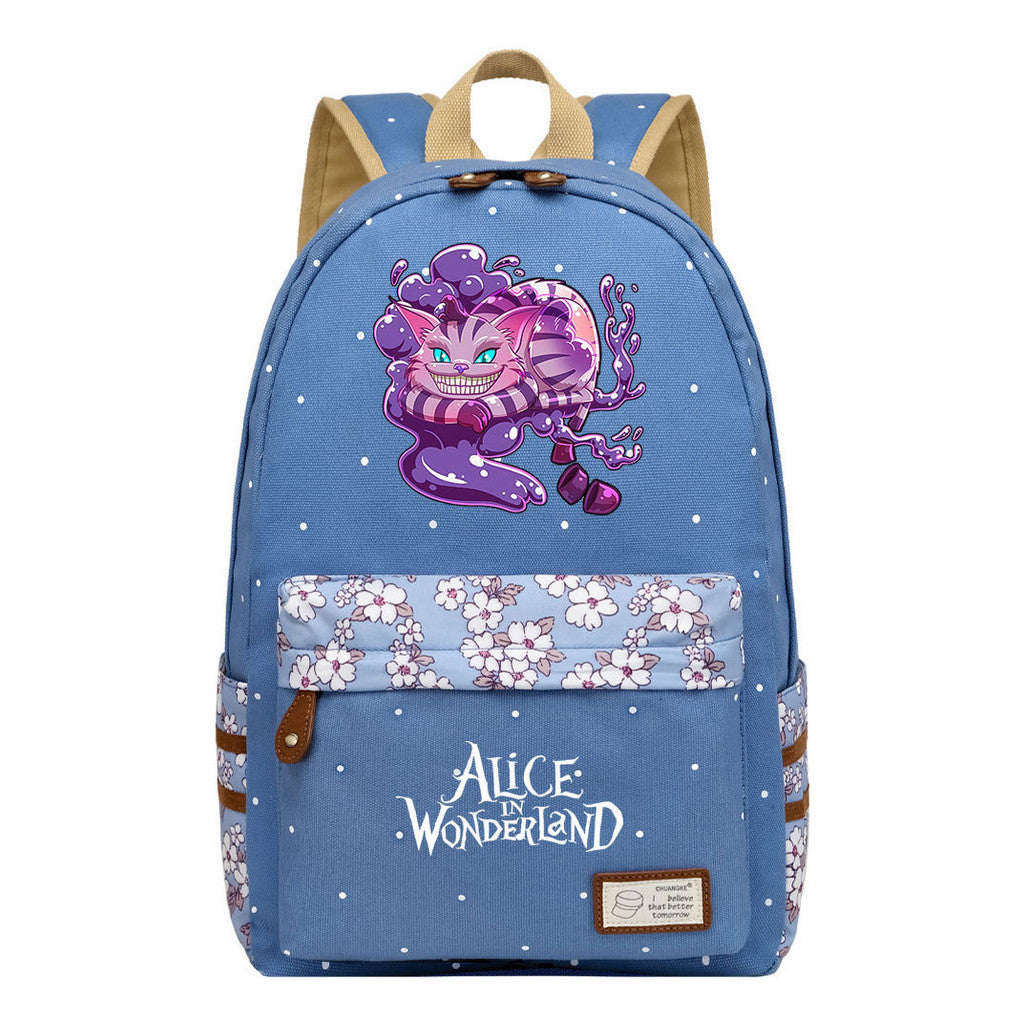 Anime Cartoon Cheshire Cat Print Student Backpack, Floral Casual Backpack