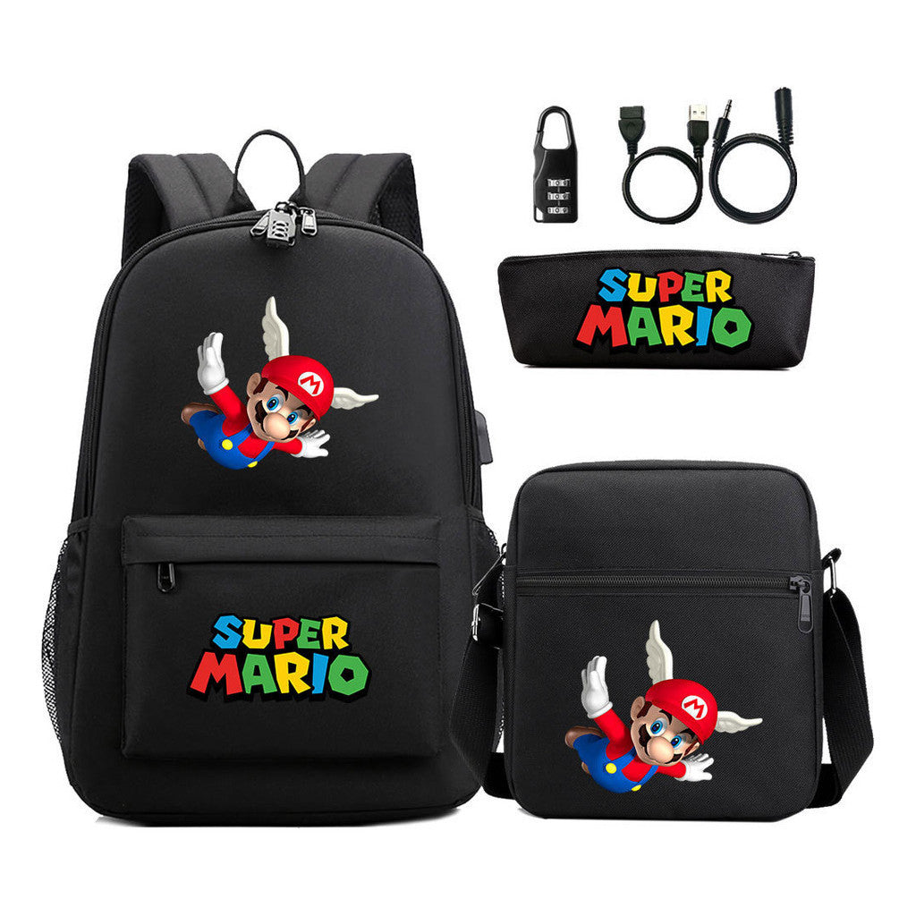 Super Mario Usb Password Lock Youth Student Backpack 3-piece Set For Men And Women Backpacks