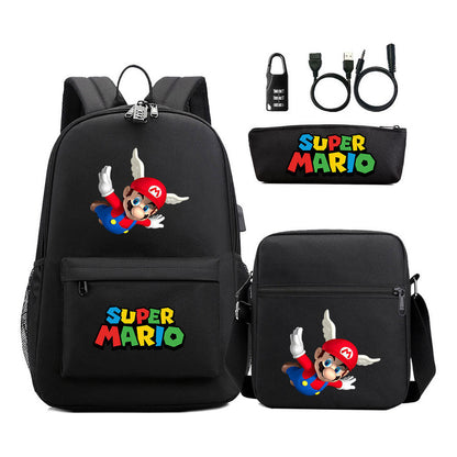 Super Mario Usb Password Lock Youth Student Backpack 3-piece Set For Men And Women Backpacks
