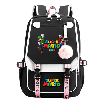 Super Mario Printed Usb Youth Student Backpack For Men And Women With Casual Woven Strap Flap Backpack