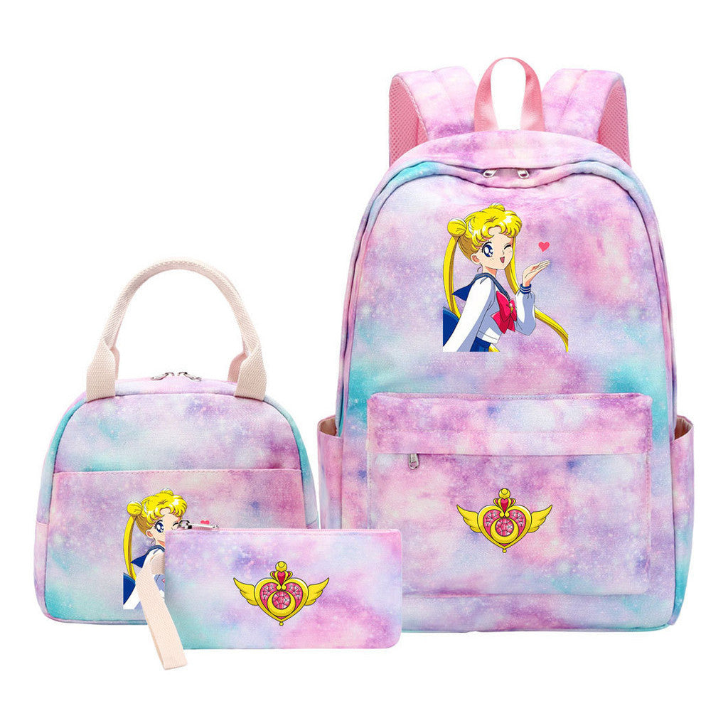 Anime Beauty Girl Warrior Girls School Bag Lunch Bag Three Piece Set Backpack Set