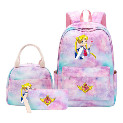 Anime Beauty Girl Warrior Girls School Bag Lunch Bag Three Piece Set Backpack Set