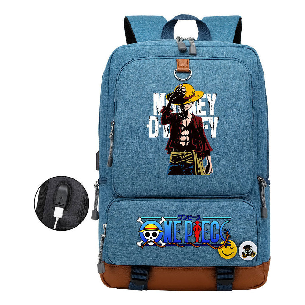 Cartoon Pirate King Print Usb Youth Backpack For Boys And Girls Leisure Travel Backpack