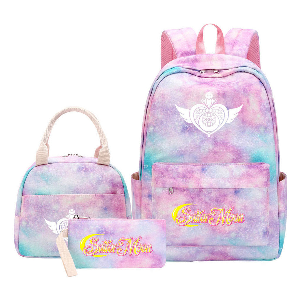 Beautiful Girl Warrior Student Schoolbag Lunch Bag Three Piece Set Backpack Cover