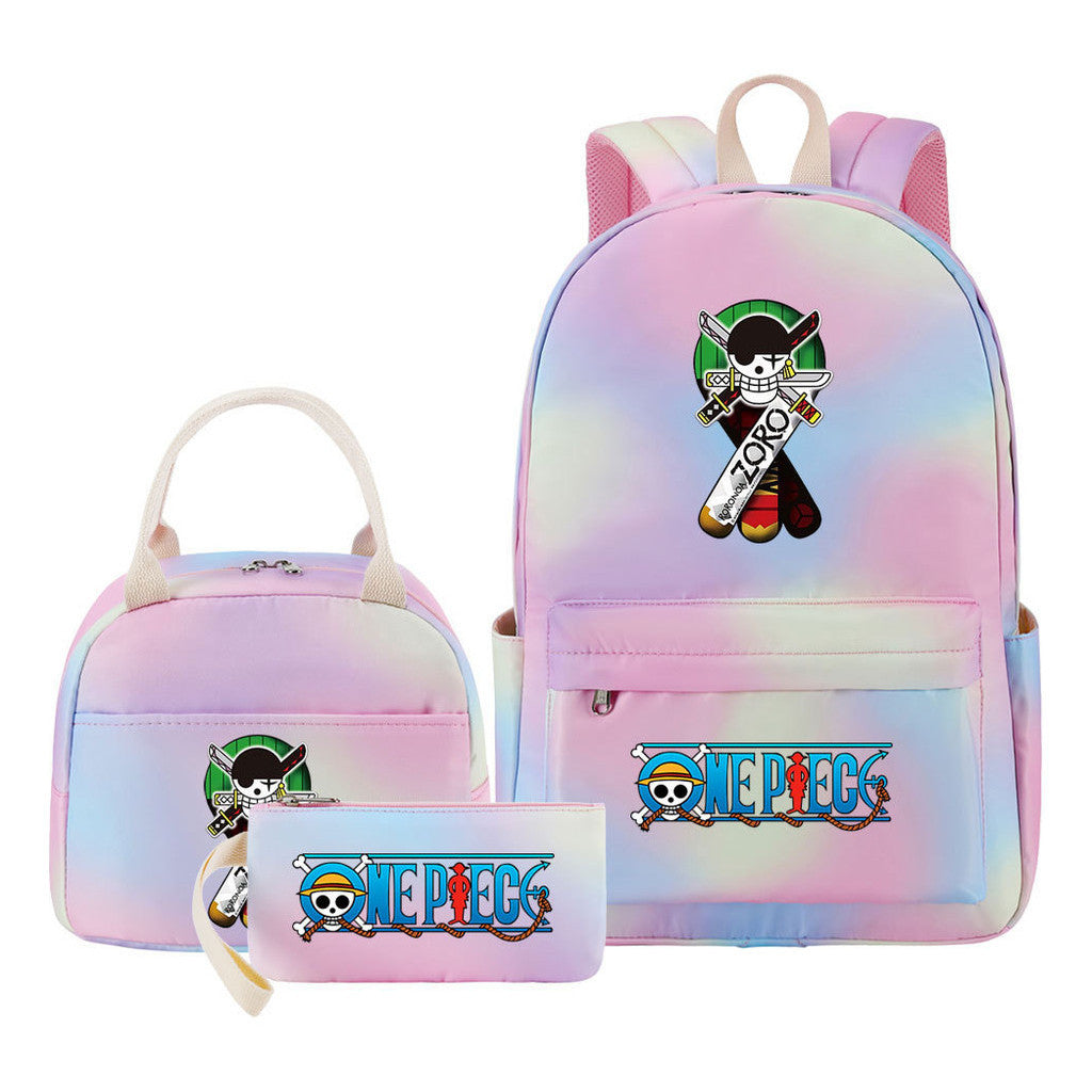 Cartoon Pirate King Youth Student Girls School Bag Lunch Bag Three Piece Set Backpack Set
