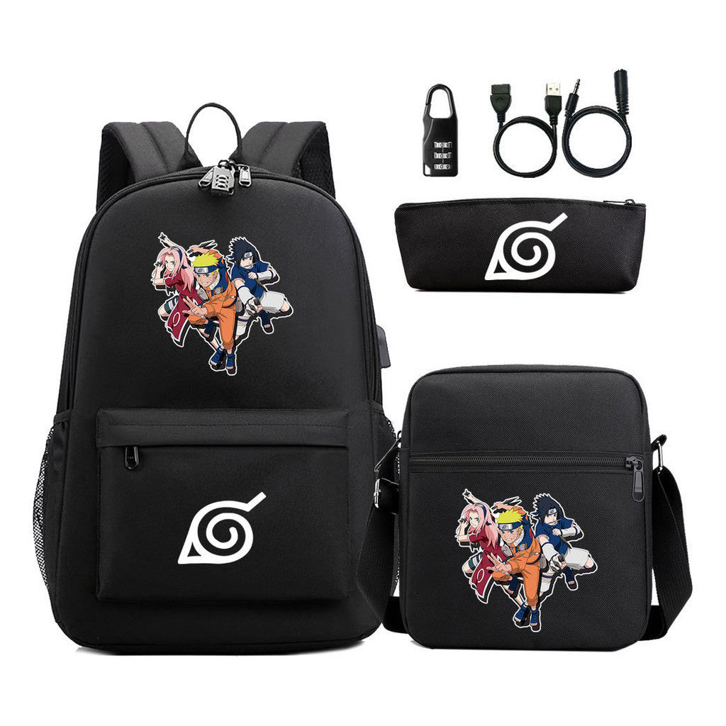 Naruto Usb Password Lock Backpack Three Piece Set For Men And Women Backpack Set