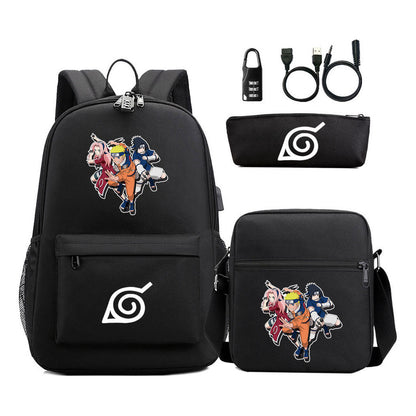 Naruto Usb Password Lock Backpack Three Piece Set For Men And Women Backpack Set