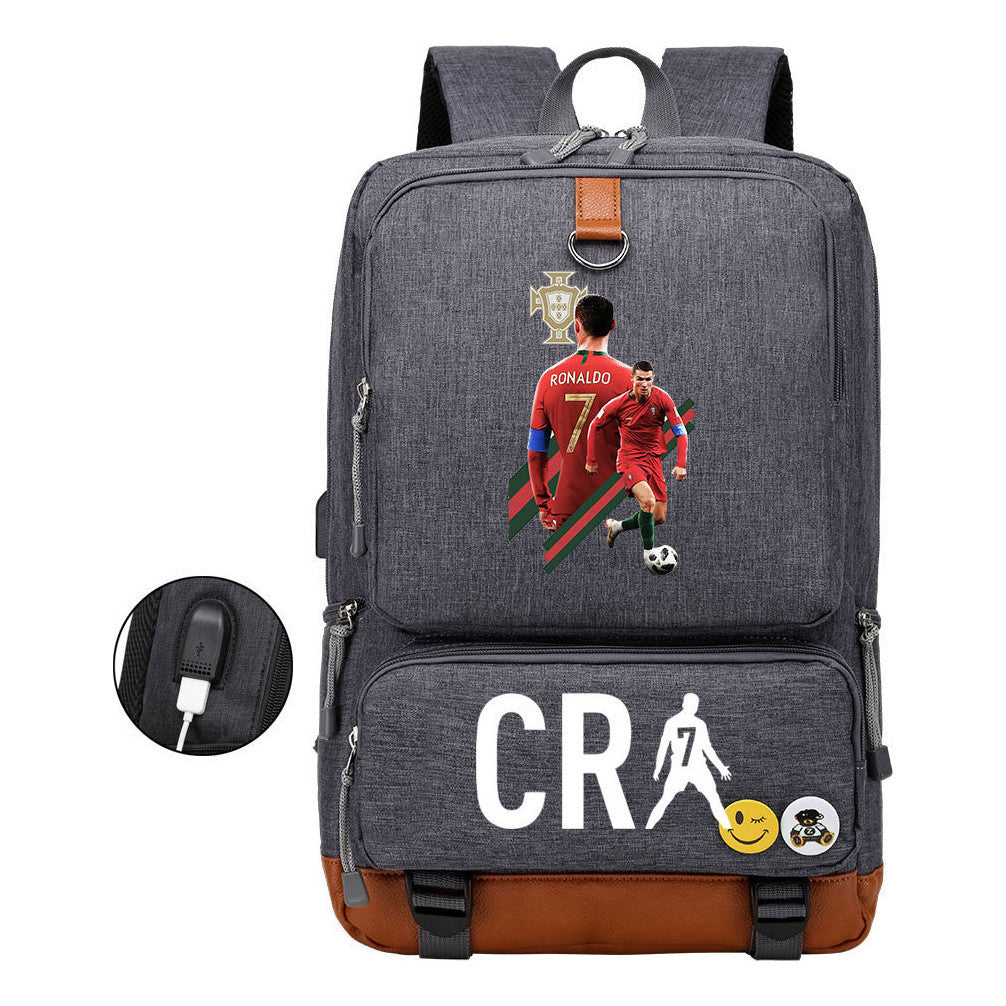 Football Star Cristiano Ronaldo Printed Usb Student Backpack For Leisure Travel Backpack