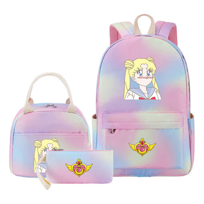 Anime Beauty Girl Warrior Student Girls School Bag Lunch Bag Three Piece Set Backpack Set