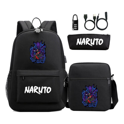 Naruto Usb Password Lock Youth Student Backpack Three Piece Set For Men And Women Backpack Set