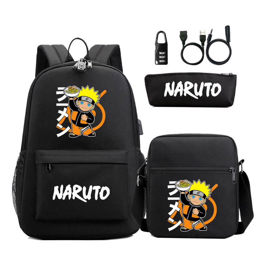 Naruto Usb Password Lock Youth Student Backpack Three Piece Set For Men And Women Backpack Set