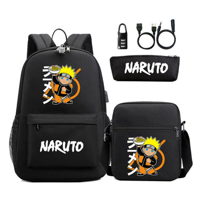 Naruto Usb Password Lock Youth Student Backpack Three Piece Set For Men And Women Backpack Set