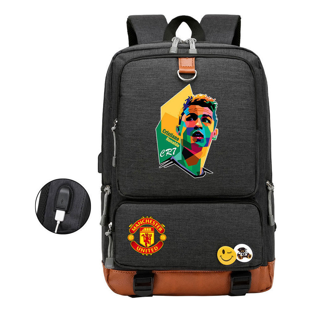 Football Star Cristiano Ronaldo Printed Usb Youth Student Backpack For Boys And Girls Leisure Travel Backpack