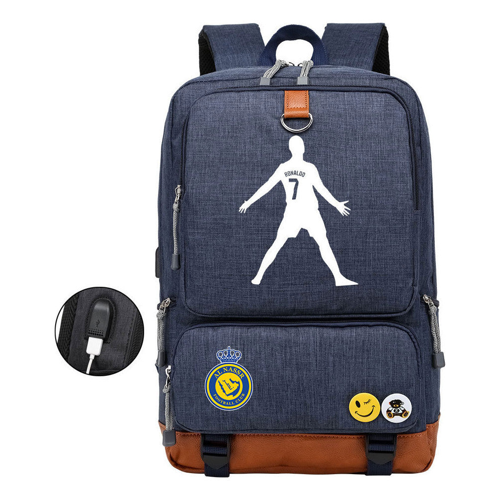 Football Star Cristiano Ronaldo Printed Usb Student Backpack Leisure Travel Backpack