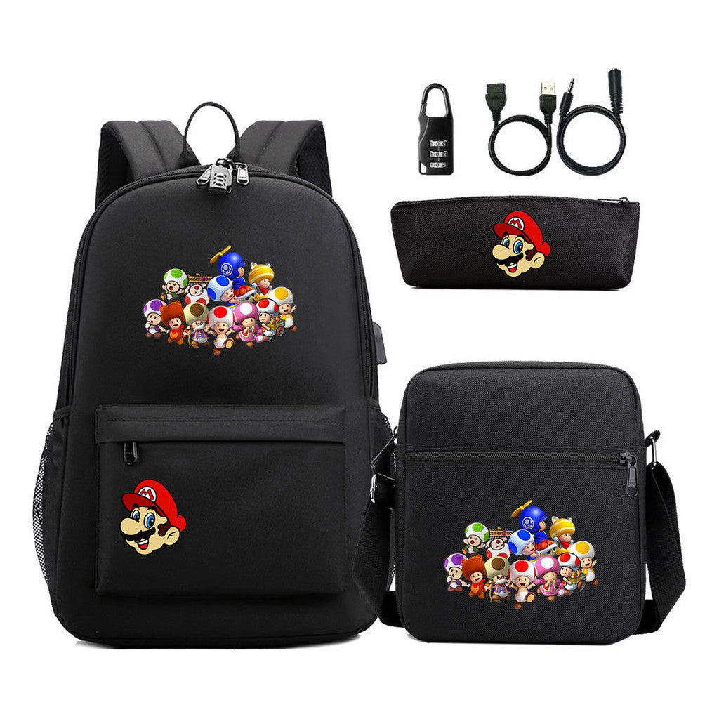 Super Mario Usb Password Lock Youth Student Backpack 3-piece Set For Men And Women Backpacks