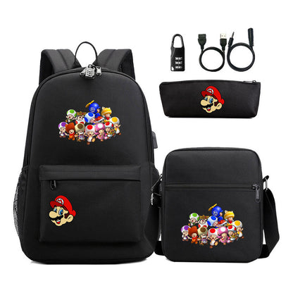 Super Mario Usb Password Lock Youth Student Backpack 3-piece Set For Men And Women Backpacks