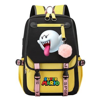 Super Mario Printed Usb Youth Student Backpack For Men And Women With Casual Woven Strap Flap Backpack