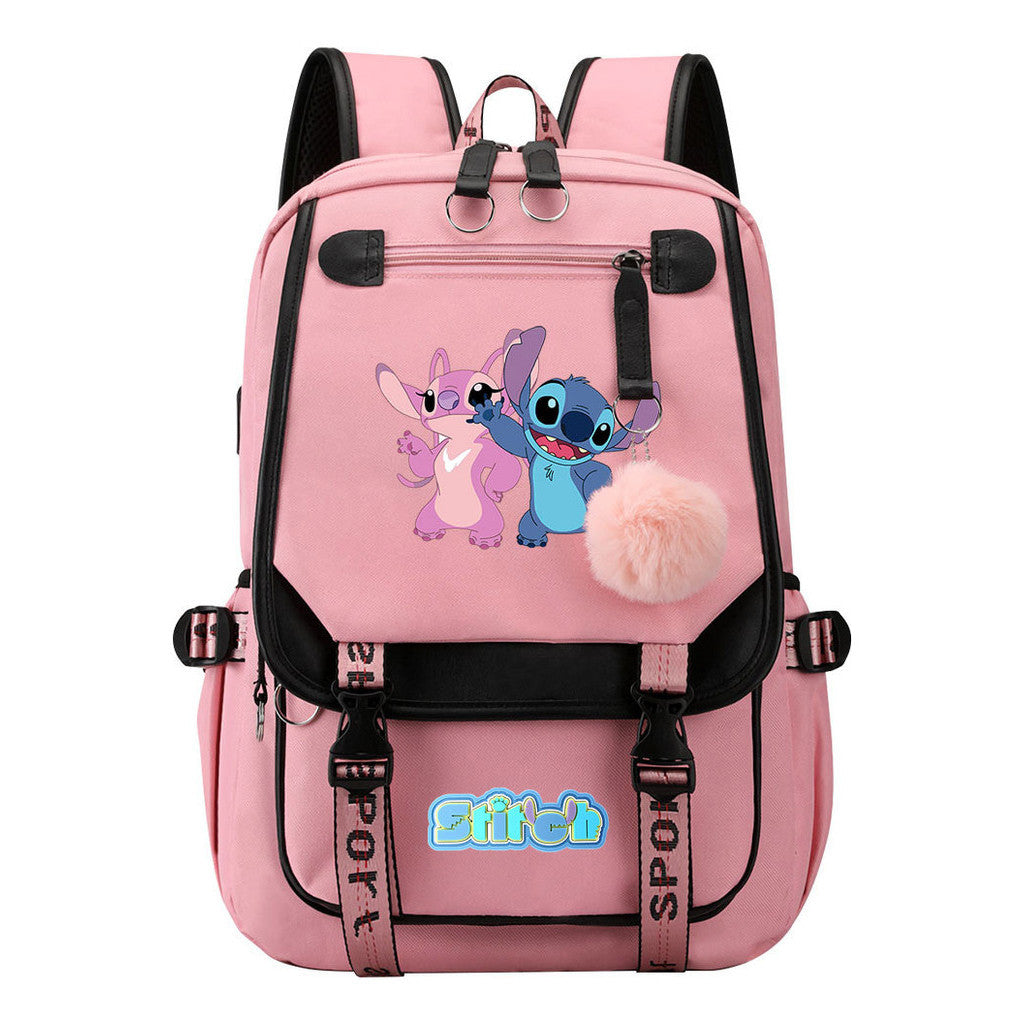 Interstellar Baby Stitch Usb Student Backpack With Casual Woven Strap Flap Backpack
